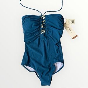 GOTTEX Teal Golden Touch One Piece Bandeau Halter Style Swimsuit Size 10 NWT
